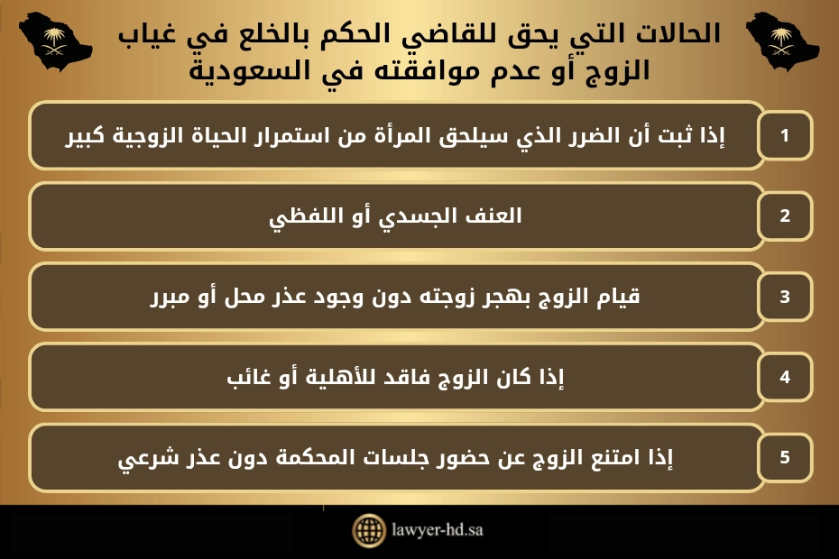 الحالات التي يحق للقاضي الحكم بالخلع في غياب الزوج أو عدم موافقته في السعودية