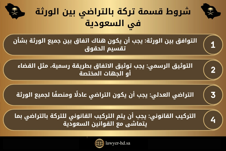 شروط قسمة تركة بالتراضي بين الورثة في السعودية 1- التوافق بين الورثة: يجب أن يكون هناك اتفاق بين جميع الورثة بشأن تقسيم الحقوق. 2- التوثيق الرسمي: يجب توثيق الاتفاق بطريقة رسمية، مثل القضاء أو الجهات المختصة. 3- التراضي العدلي: يجب أن يكون التراضي عادلًا ومنصفًا لجميع الورثة. 4- التركيب القانوني: يجب أن يتم التركيب القانوني للتركة بالتراضي بما يتماشى مع القوانين السعودية.