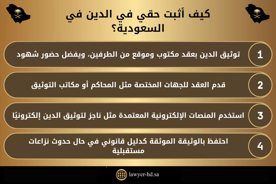 كيف اثبت حقي في الدين في السعودية؟
لإثبات حقك في الدين، قم:
1- توثيق الدين بعقد مكتوب وموقع من الطرفين، ويفضل حضور شهود.
2- قدم العقد للجهات المختصة مثل المحاكم أو مكاتب التوثيق.
3- استخدم المنصات الإلكترونية المعتمدة مثل ناجز لتوثيق الدين إلكترونيًا.
4- احتفظ بالوثيقة الموثقة كدليل قانوني في حال حدوث نزاعات مستقبلية.